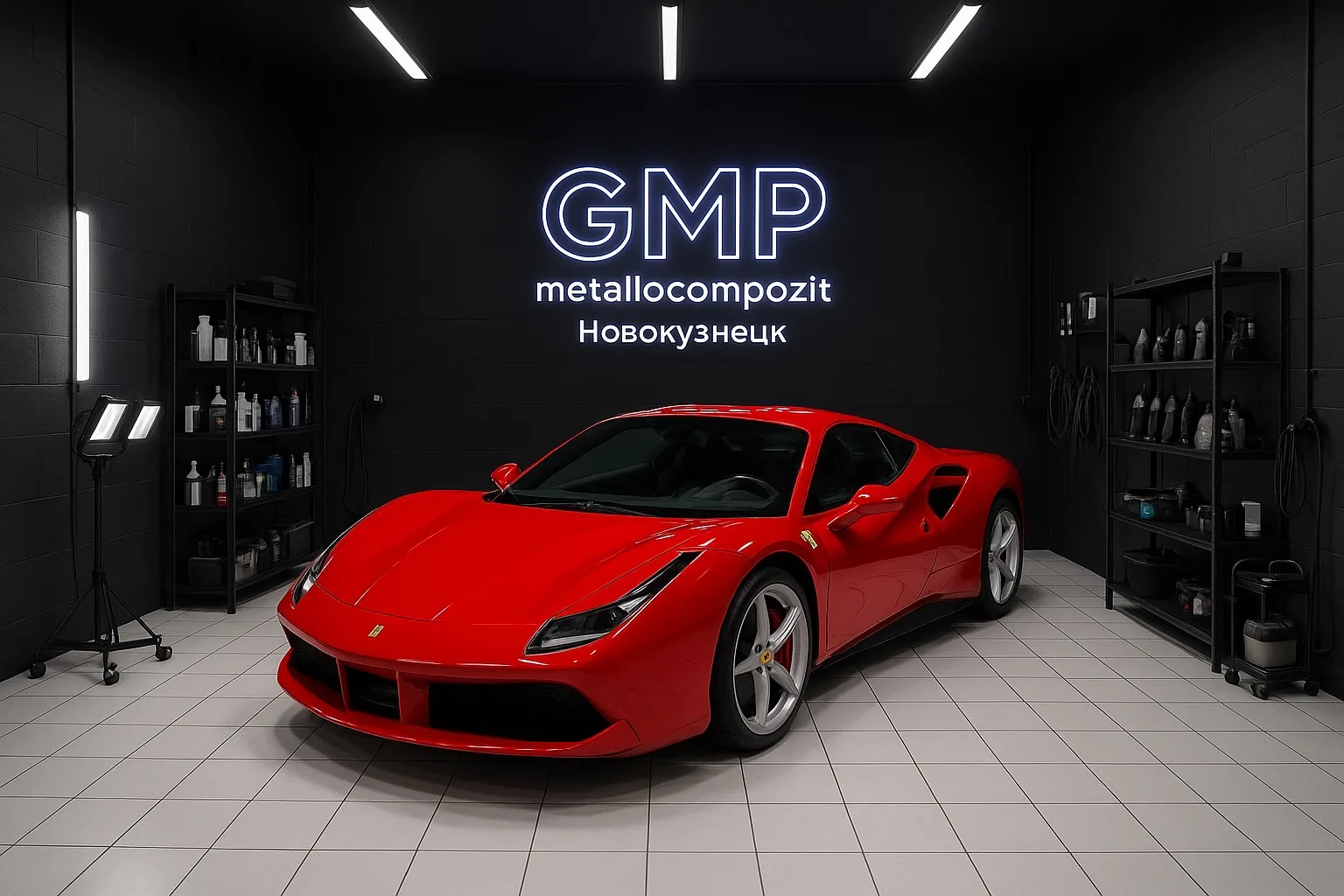 Фирменный знак GMP: неоновая вывеска GMP metallocompozit над красным спорткаром